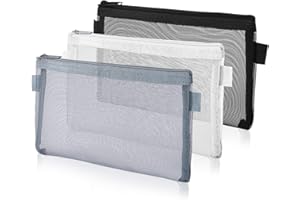 Thinp Lot De 3 Trousses à Crayons Transparentes avec Fermeture De Nylon Pochette Zippée Nylon Mesh Trousse de Maquillage pour Fournitures Scolaires Et De Bureau, Accessoires De Voyage-Noir,Blanc, Gris