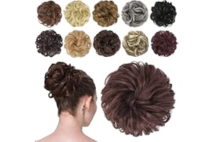 FESHFEN Moños Postizos de Pelo Natural, Coletero Postizo Sintético Postizos de Pelo Rizado Ondulado Extensiones de Cabello Moño de Pelo Desordenado Postizos para Mujer, Castaño Oscuro