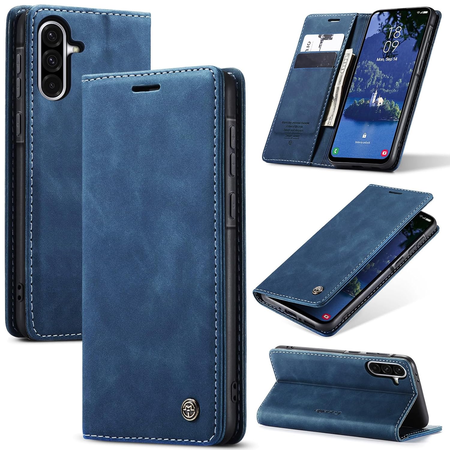 Azororo Beschermhoes voor Samsung Galaxy A34 5G, premium lederen beschermhoes, portefeuille, flip case, magneetsluiting, beschermhoes voor Samsung Galaxy A34, blauw