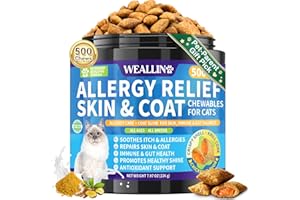 WEALLIN Allergy Relief Chews for Cat, 500 Crunchy & Krill Core With Omega-3 Probiotics for Allergy Relief, Immunity Supports Seasonal Itching Paw Licking & Scratching Itchy Skin & Coat Support Chicken Flavor