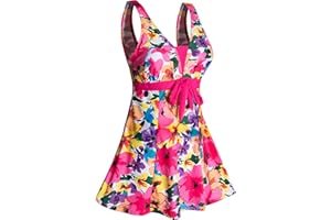 Ecupper Maillot de Bain Une Pieces pour Femme Rétro Jupe avec Volantée Contrôle du Ventre Push Up Col en V