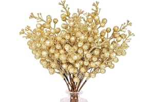 N&T NIETING 24 adornos de baya dorada para Navidad, 9,8 pulgadas, tallos de bayas de purpurina artificiales, bayas de acebo artificiales para hacer guirnaldas, suministros de decoración de árbol de