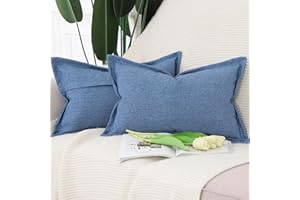 Madizz Juego de 2 Suave Lino Decorativo Funda de cojíns con Borde Ancho Lujo Estilo Fundas de Almohada para el sofá Dormitorio Azúl Denim Rectangular 30 x 50 cm