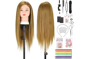 TwoWin Hairdressing Training Head, 26" 80% Real Hair Mannequin Head, Wig Styling Head with Clamp and DIY Braiding Set (Light Brown)