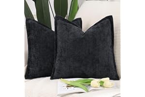 Madizz Set of 2 Chenille Velvet Cushion Covers with Flange Soft Boho Textured Throw Pillow Covers Broadside Pillowcases Modern Farmhouse Home Decor for Sofa Bedroom Black 24x24 inch, 60x60 cm