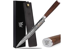 YOUSUNLONG Couteau à filet de poisson Sashimi 10 pouces (254 mm) Couteau à découper pour gaucher droitier japonais 67 couches en acier damas gaine en bois de noyer naturel avec cuir