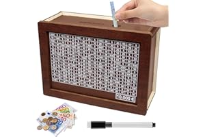 QUNKUN Drewniana skarbonka, drewniana ławka na pieniądze dla dzieci, skarbonka z licznikiem do zaznaczenia, skarbonka z celem oszczędnościowym i cyframi, skarbonka dla dzieci, skarbonka wielokrotnego użytku, z długopisem, dla dorosłych i dzieci