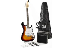 J & D ST Rock Guitar Einsteiger Set mit Sunburst ST-Stil E-Gitarre, Verstärker, Stimmgerät, Gigbag, Kabel, Gurt, Plektren, Saiten