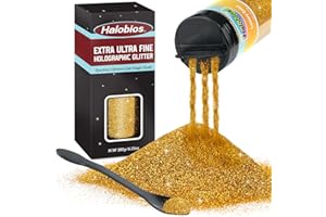 Halobios Extra Fine Glitters, Holographic Gold Glitter, 180g(6.35oz) Ultra Fine Glitters, 1/128" Resin Glitter Powder for Hair Body, Nails, Arts and DIY Crafts Decoration
