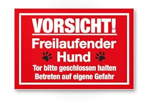 ‎KOMMA SECURITY Caution Freilaufender Hund (Red) Dog Plastic Sign Garden Gate / Garden Fence Door Sign Front Door Warning Sign Deterrent / Burglary Protection - Warning Dog