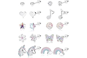 Finrezio 8-10 Pares Pendientes Niña Aretes Pendientes para Niños Pendientes Hipoalergeniños Aretes Espalda Rosca Circonitas Cúbicas Acero Inoxidable Flor Corazón Lindo Juego Pendientes