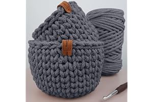 LIDAM 2 Baskets Crochet Made of Cotton Yarn, Crochet Set for Beginners + Video Instructions, Cotton Knitting Hose, Crochet Hook, Leather Labels, Easy Crochet for Beginners (Grey)