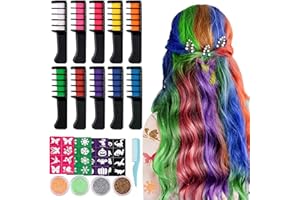 EBANKU 10 Colores Coloración Temporal Tizas Para el Pelo Cabello Tiza Peine Cabello Tinte Cabello con 32 Plantillas de Tatuajes & 4 Brillos para Niños Regalos Navidad Fiestas Cosplay DIY