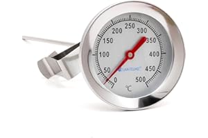 LANTELME Termometro da incasso 500 gradi Ø 6,5 cm per forno a legna, forno pizza, grill, affumicatore, BBQ realizzato in acciaio inox, sonda 15cm | 30cm | 45cm con cono incorporato (15cm)