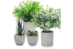 Elecoutek 4 Piezas Plantas Artificiales Decorativas Planta Falsa en Macetas, Planta Plastico Pequeña, Eucalipto, Romero, Suculentas Artificiale Interior para Decoración de Cocina, Baño, Oficinas