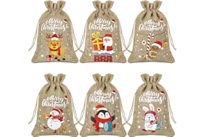 GEBETTER 12Pcs Saquitos Navidad Yute 10x15cm 6 Modelos Bolsitas Navideñas Bolsas Tela Lino Arpillera Cordel Regalos Chuches Dulces Caramelos Detalles Recuerdos Regalitos Invitados Fiestas (Color A)