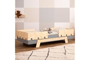 smartwood Letto bambini PUZZLE BR2, letto montessori bambini con ringhiera, lettino bambino singolo - Grigio - 90x200cm