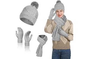 flintronic Women Knitted Hat Scarf Gloves Set, 3 Pcs Winter Cold Weather Set with Warm Knitted Long Scarf, Thick Knitted Pom Hat and Touch Screen Gloves for Outdoor Sports Sking