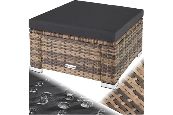tectake® Tabouret Repose-Pieds Table Basse pour Salon de Jardin Exterieur en Résine Tressée, Pouf avec Coussin imperméable pour Amenagement Balcon Terrasse