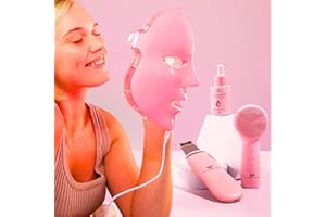 VOGUENOW LED Face Mask Light Therapy Premium Spa Kit (4 Pcs) - With Ultrasonic Scrubber, Sonic Brush & Green Tea Serum - 7 Colors (Blue & Red) Light Therapy Mask -Spa Light Therapy Facial For Rejuvenation