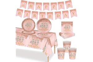 MORAINJAY 70P Rose Gold 40th Birthday Tableware Set, Cups Plates Napkins Tablecloth Banner, Party Supplies for 16 Guests