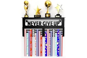 Bukela Medal Hanger Display, Holds 64 + Sports Medals Trophy Shelf, Metal Awards Rack for Walls, Our Never Give Up 16" Trophy and Medal Display Shelf, Black