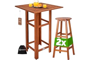 Casaria® Table Haute avec 2 tabourets Ensemble de Bar en Bois d'acacia Mange Debout intérieur extérieur Jardin terrasse