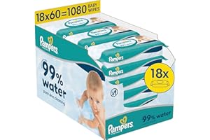 Pampers 99% Water Baby Wipes, 18 Packs of 60 Wet Wipes = 1080 Baby Wipes, Light Lotion with 99% Water