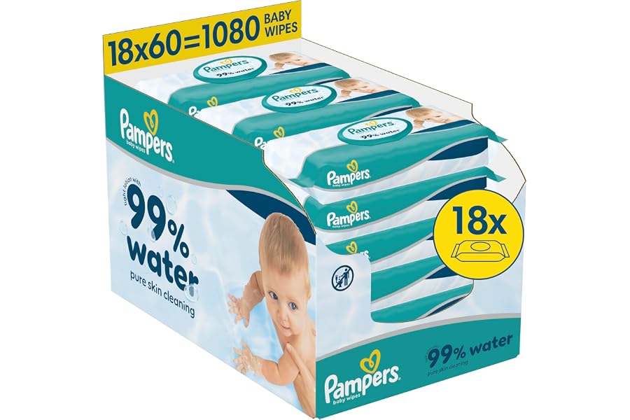 Pampers 99% Water Baby-Feuchttücher, 18 Packungen mit 60 Feuchttüchern = 1080 Baby-Feuchttücher, leichte Lotion mit 99% Wasse