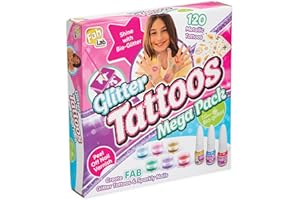 FabLab Glitter Tattoos - Mega Pack | Create FAB Glittery Kids Tattoos! | Includes 28 Stencil Designs and 120 Metallic Tattoos with Extra Sparkly Colours of Bio-Glitter | Girls Gifts for Ages 8+