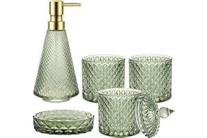 Ulable Green Bathroom Accessory Set, 5Pcs Bathroom Soap Dispenser Set, Green Glass Bathroom Accessory Set with Lotion Dispenser, Soap Dish, Toothbrush Holder, Tumbler, Cotton Swab Jars