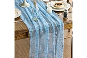 Artoid Mode Camino de mesa de gasa de tul con purpurina, azul claro, dorado, para invierno, 70 x 300 cm, para cocina, decoración de interior, vacaciones, fiestas