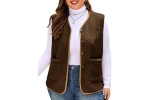 CMTOP Gilet Sans Manche Femme Grande Taille en Polaire, Chaud Léger Veste Sans Manche Button Manteaux Sans Manche, Col en V Couleur Unie Waistcoat avec Poches Printemps Automne Hiver