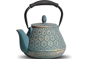 MILVBUSISS Théière en fonte - 950 ml - Motif fleurs de Sakura japonaises - Passe sur la cuisinière - Infuseur pour feuilles en vrac et café - Poignée en silicone - Intérieur en émail - Bleu