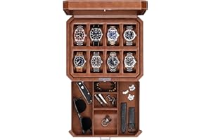 ROTHWELL 8 Slot Leather Watch Box with Valet Drawer - Luxury Case Display Jewelry Organizer, Locking Display Case Holder, Real Glass Top - Watch Box Organizer for Men & Women (Tan/Brown)