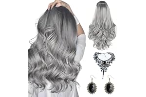 LALIEFFACELY Peluca Halloween Mujer, 65 cm Gris Ombré Pelucas Larga Ondulada con Góticas Collar y Pendientes para Disfraz Halloween Mujer Brujas Vampiras Cosplay Fiesta