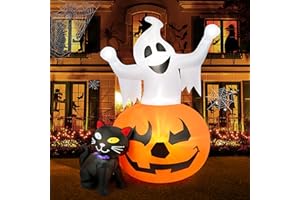 HOPOCO 5 FT Halloween Inflatables Spooky Pumpkin and Witch' s Black Cat Combo Inflatable Decor, Halloween Blow Up Yard Decorations Clearance with Build-in LED Lights, Halloween Yard Decorations
