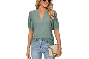 EDOTON Damen Tshirt Kurzarm Bluse V Ausschnitt Casual Sommer Solide Hohle Blase Ärmel Lose Tops Tuniken für Damen