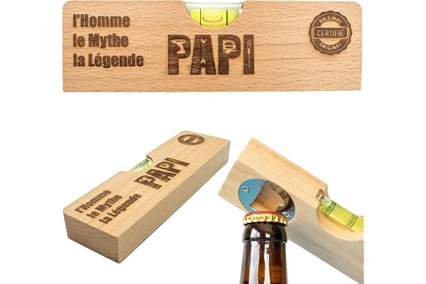 ERNESTINE - Décapsuleur 2 en 1 Papi niveau à bulle ET décapsuleur - cadeau fête des pères et des grands pères - cadeau papi outil bricolage homme bricoleur - cadeaux homme anniversaire Noël porte clés