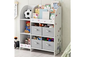 HOCSOK Regał na zabawki, regał na książki, regał dziecięcy z 4 pudełkami do przechowywania, organizer na zabawki do pokoju dziecięcego, sypialni, przedszkola, biały, 92,2 x 100,2 x 30 cm