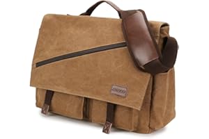 RAVUO Bolso Bandolera Hombre Grande Bolsa de Mensajero para 14 15.6 17 Pulgadas Ordenador Portátil Bolsa de Hombro Lona Messenger Bag,Café