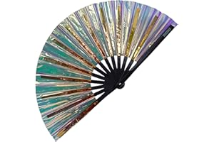 SoJourner Bags Rave Handfächer - Große Faltfächer für Festivals - Niedliche holografische Halloween Rave Accessoires für Frauen (Holografisch Schwarz)