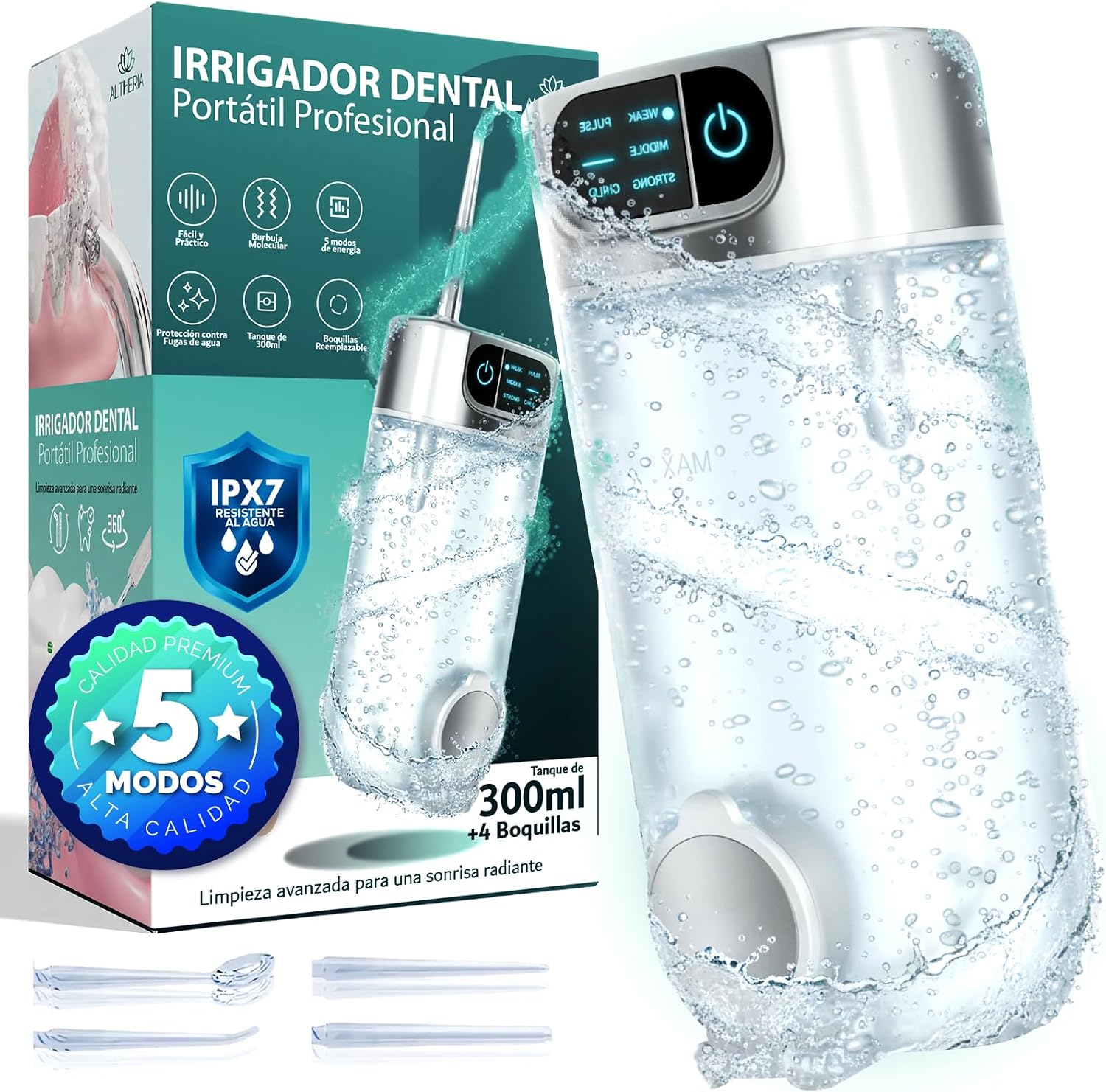 ALTHERIA® | Irrigador Dental Portatil de 5 MODOS con 4 Boquillas INCLUIDAS | Irrigador Bucal Inalámbrico | Limpieza Bucal y Encías Limpias | Deposito Extensible con Capacidad de 300ML y USB-C | IPX7.