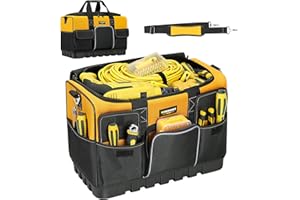 WINHUNT Open Mouth Tool Bag, Heavy Duty Electrician Tool Bags, Tool Storage Organiser with Waterproof Hard Base, Yellow/Black, 18 Inch
