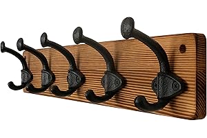 WEBI Appendiabiti da Parete,5 Ganci In Ghisa,Attaccapanni da Muro,Appendino da Muro Legno,Appendiabiti da Muro per Cappotto,Giacche,Marrone Rustico