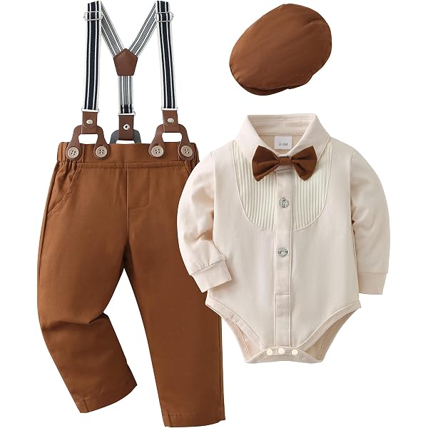 Carolilly 2Pz Completino Neonato Maschio Set Coordinato Abito da Gentiluomo Elegante Tuta Neonato Maschio Pagliaccetto Maniche Lunghe con Bottoni+Pantaloni con Bretelle (Bianco, 3-6 Months