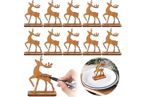 Gulfmew 12 Pcs Christmas Reindeer Place Name Settings 3D Freestanding Wooden Table Place Card 3.23'' x 2.13'' Rustic Seat Card Xmas Name Table Decoration with Marker for Christmas Party Decor