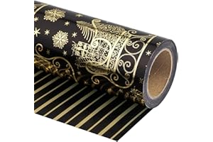 RUSPEPA Reversible Christmas Wrapping Paper - Mini Roll - 43.2 cm x 10 m - Black and Gold Christmas Sleigh and Stripe Design with Metallic Foil Shine for Chrsitmas, Holiday, Party Celebration