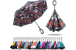 NNY Inc Double Layer Inverted Umbrella Cars Reverse Open Folding Umbrellas, Windproof UV Protection Large Self Stand Upside Down Straight Umbrella for Golf Women and Men with C-Shaped
