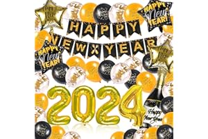 NEWTIC Silvester Deko 2024, Schwarz Gold Neujahr Deko 2024 Happy New Year Banner, 2024 Folienballon Konfetti Luftballons, 2024 Foto Requisite Party Dekoration Set, Glitzer Vorhänge für Silvesterparty